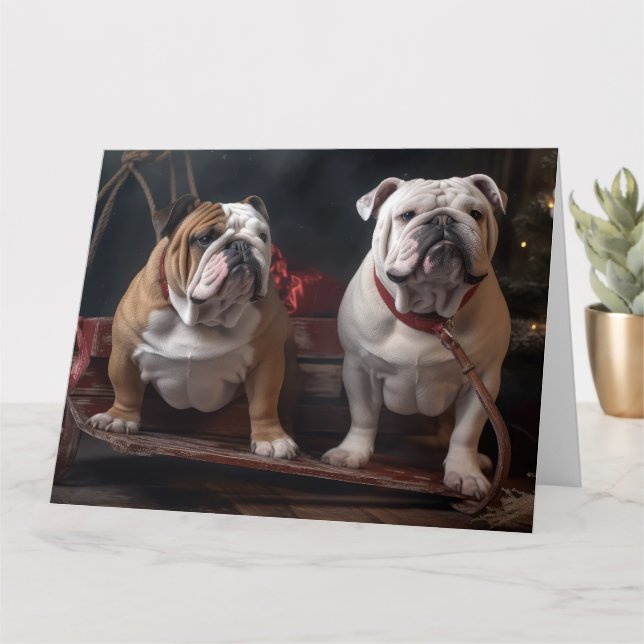 Bulldog Snowy Sleigh Weihnachtsdekor Karte (Kleine Pflanze)