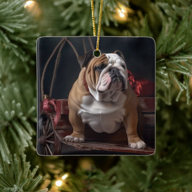 Bulldog Snowy Sleigh Weihnachtsdekor Keramikornament (Baum)