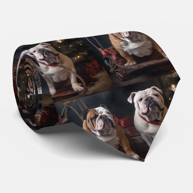 Bulldog Snowy Sleigh Weihnachtsdekor Krawatte (Gerollt)