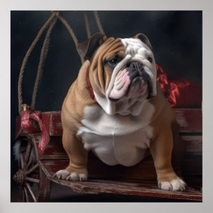 Bulldog Snowy Sleigh Weihnachtsdekor Poster