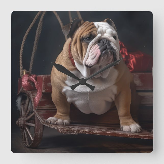 Bulldog Snowy Sleigh Weihnachtsdekor Quadratische Wanduhr (Vorderseite)