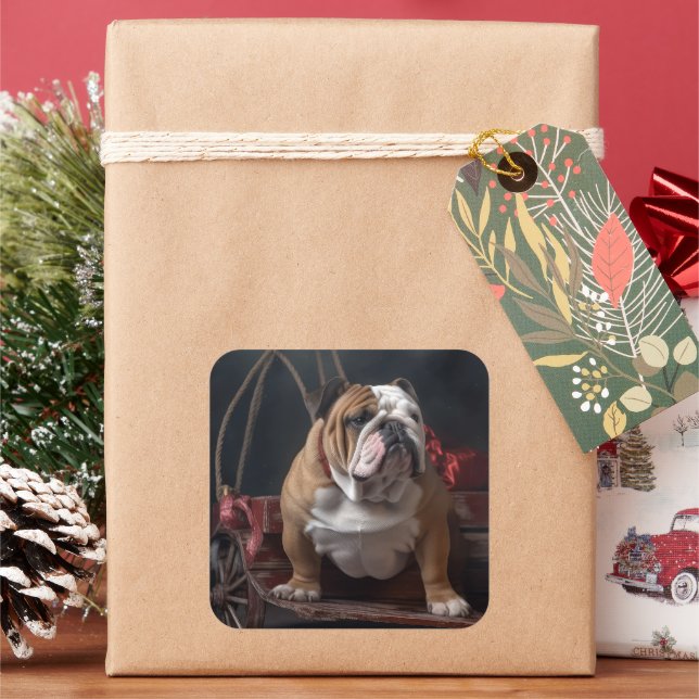 Bulldog Snowy Sleigh Weihnachtsdekor Quadratischer Aufkleber (Feiertag)