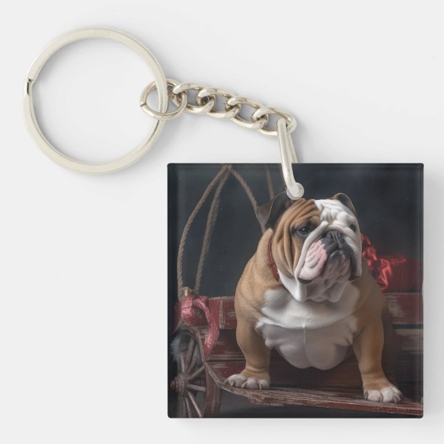 Bulldog Snowy Sleigh Weihnachtsdekor Schlüsselanhänger (Vorderseite)