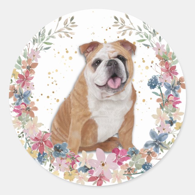 Bulldog Spring Flowers Kranz Runder Aufkleber (Vorderseite)