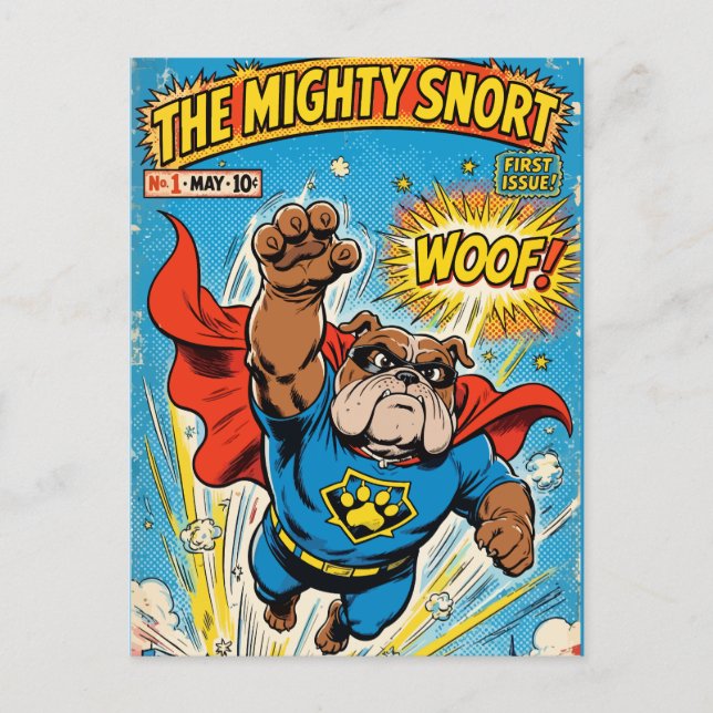 Bulldog Superhero Flying with Cape Postkarte (Vorderseite)