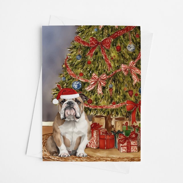 Bulldog Watercolor unter Weihnachtsbaum Karte (Von Creator hochgeladen)