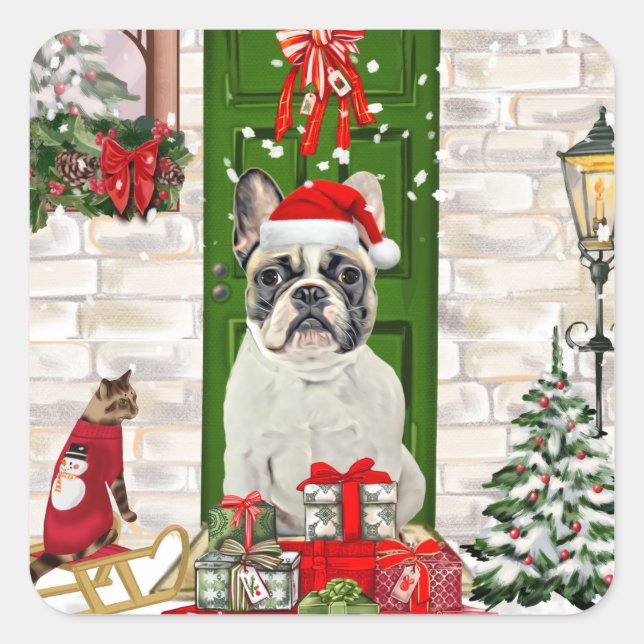 Bulldog Weihnachten Quadratischer Aufkleber (Vorderseite)