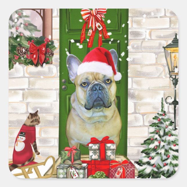 Bulldog Weihnachten Quadratischer Aufkleber (Vorderseite)