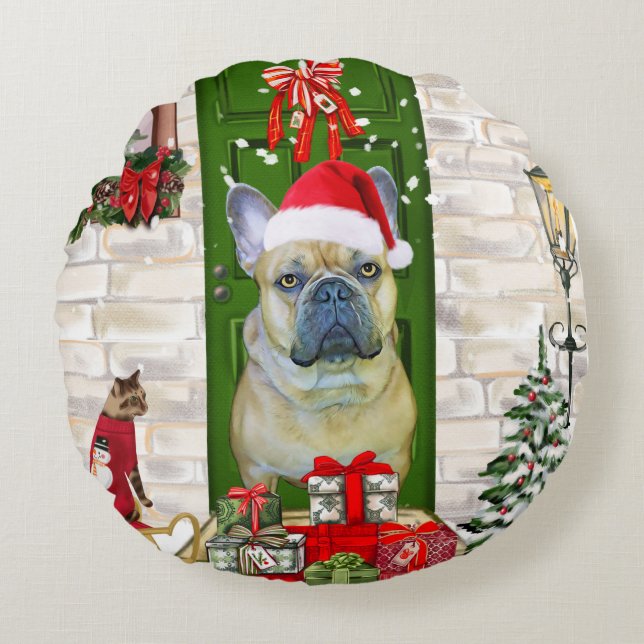 Bulldog Weihnachten Rundes Kissen (Vorderseite)