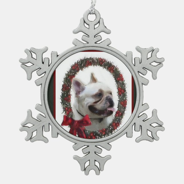 Bulldog Weihnachten Schneeflocken Zinn-Ornament (Vorderseite)