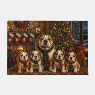 Bulldog-Weihnachtsbild mit 4 Welpen Fußmatte