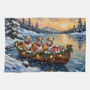 Bulldog Weihnachtsboot-Feiertag Geschirrtuch