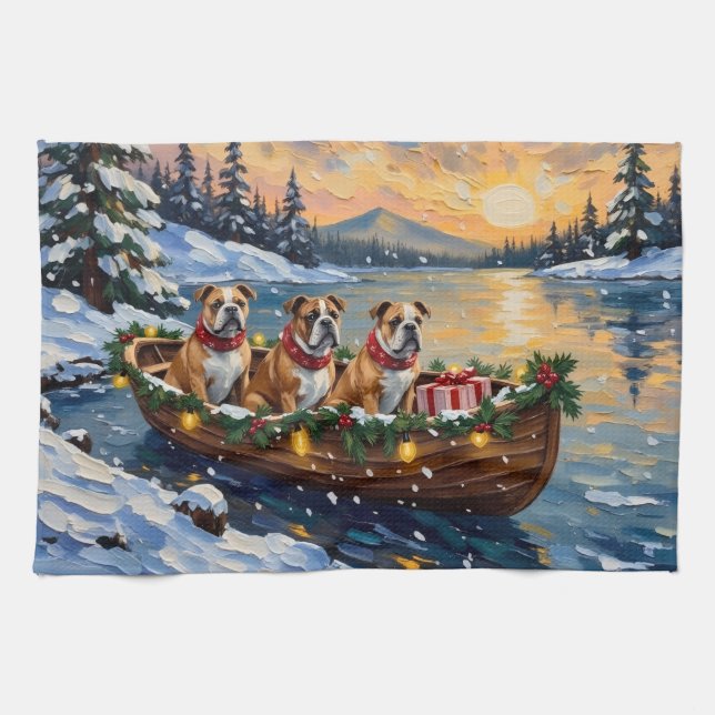 Bulldog Weihnachtsboot-Feiertag Geschirrtuch (Horizontal)