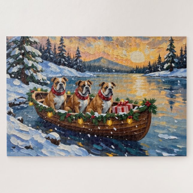 Bulldog-Weihnachtsboot-Feiertag Puzzle (Horizontal)