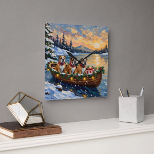 Bulldog-Weihnachtsboot-Feiertag Quadratische Wanduhr