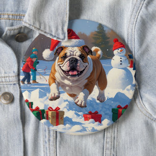 Bulldog-Weihnachtsfest-Schneeszene Button