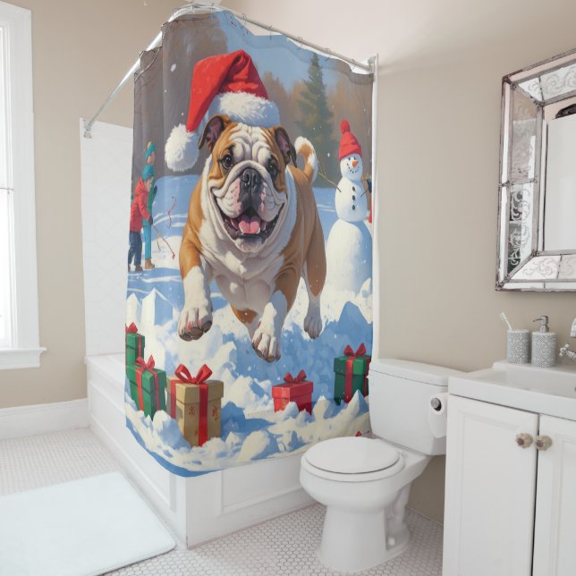 Bulldog Weihnachtsfest Schneeszene Duschvorhang (Beispiel)