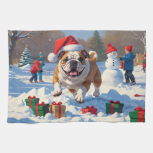 Bulldog-Weihnachtsfest-Schneeszene Geschirrtuch