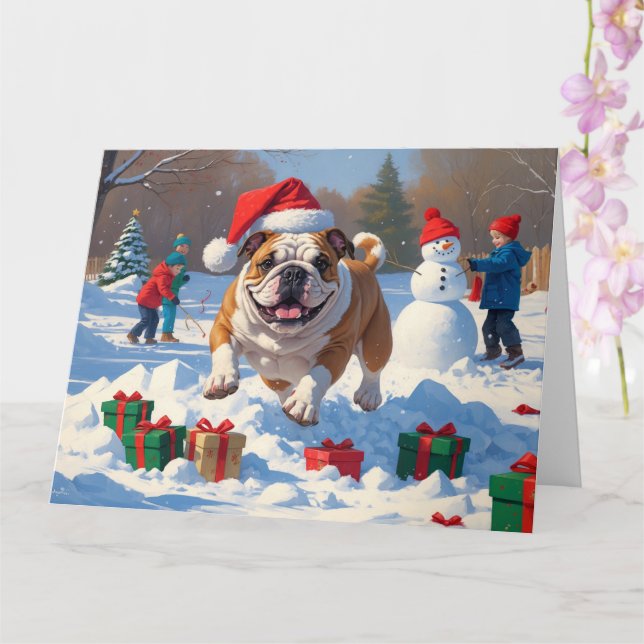 Bulldog Weihnachtsfest Schneeszene Karte (Orchidee)