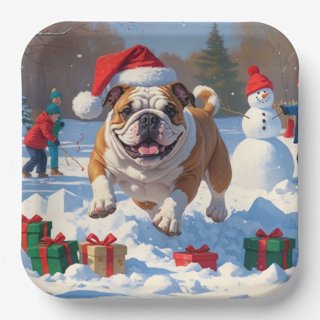 Bulldog Weihnachtsfest Schneeszene Pappteller (Vorderseite)
