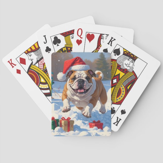 Bulldog Weihnachtsfest Schneeszene Spielkarten (Rückseite)