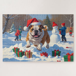 Bulldog Weihnachtsfestliche Schneelandschaft Puzzle