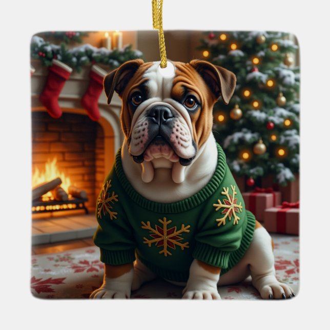 Bulldog-Weihnachtskunst Keramikornament (Vorderseite)