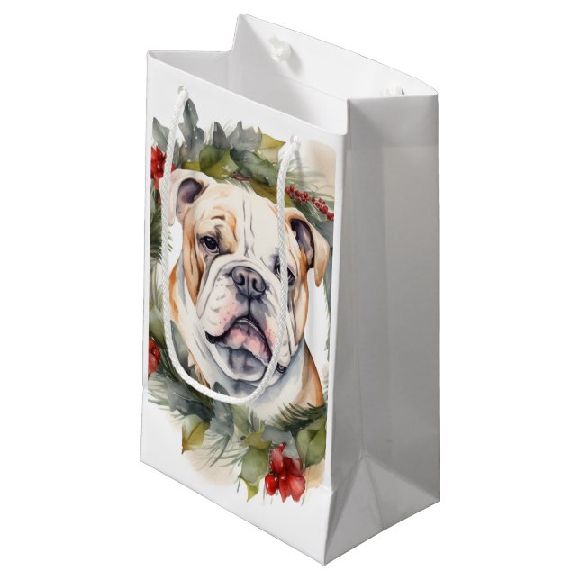 Bulldog Weihnachtsmann Kleine Geschenktüte (Vorderseite Schrägansicht)