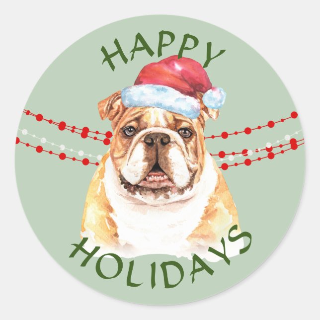 Bulldog Weihnachtsmannmütze Happy Holidays Runder Aufkleber (Vorderseite)
