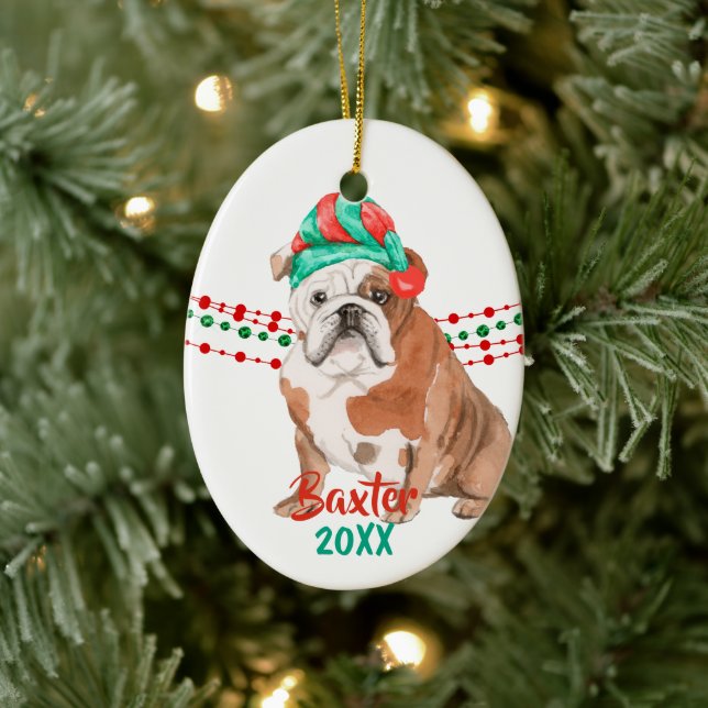 Bulldog Weihnachtsmannmütze Holiday String Beads Keramik Ornament (Baum)