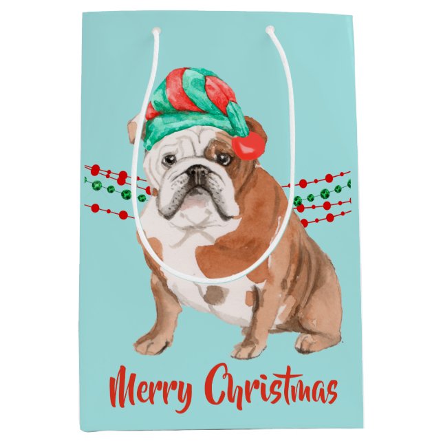 Bulldog Weihnachtsmannmütze Holiday String Beads Mittlere Geschenktüte (Vorderseite)