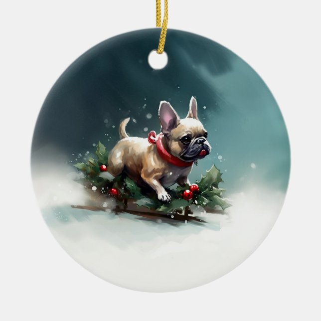 Bulldog Weihnachtsschnee im Winter Keramik Ornament (Vorne)