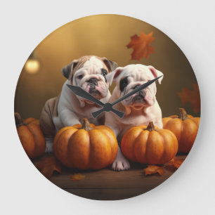 Bulldog Welpe Herbstfreude Kürbis Große Wanduhr