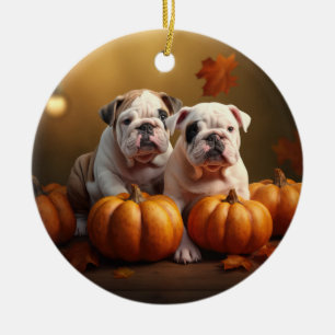 Bulldog Welpe Herbstfreude Kürbis Keramik Ornament