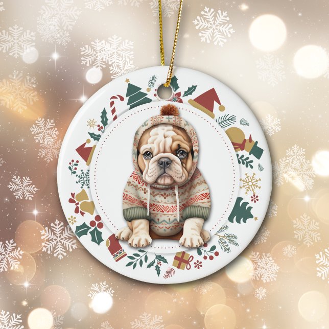 Bulldog Welpe im Winter Sweep Weihnachten Keramik Ornament (Von Creator hochgeladen)
