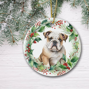 Bulldog Welppy Holly Wreath Weihnachten Keramik Ornament
