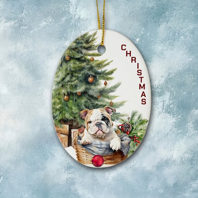 Bulldog Welppy Wicker Weihnachtskorb Keramik Ornament (Von Creator hochgeladen)
