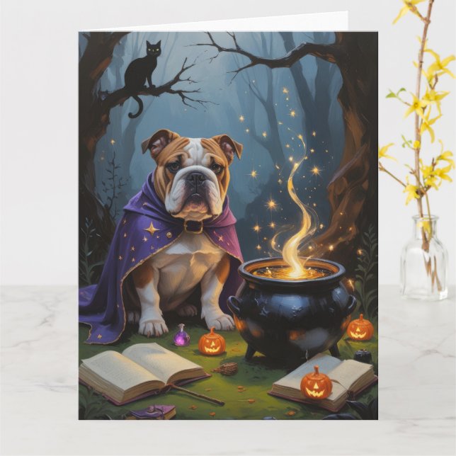Bulldog Whimsical Halloween Malerei Karte (Gelbe Blume)
