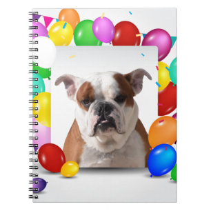 Bulldogge Hund mit farbenfrohen Luftballons Geburt Notizblock