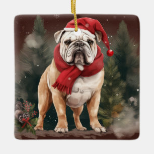 Bulldogge im Schnee Weihnachten Keramikornament