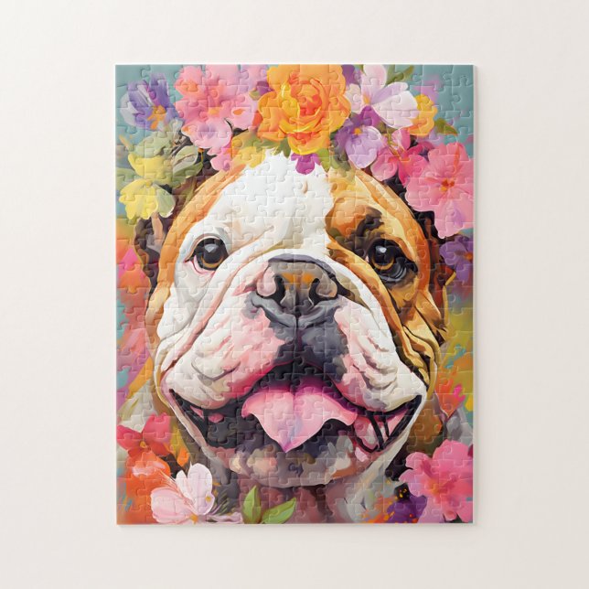Bulldogge mit Blume Puzzle (Vertikal)
