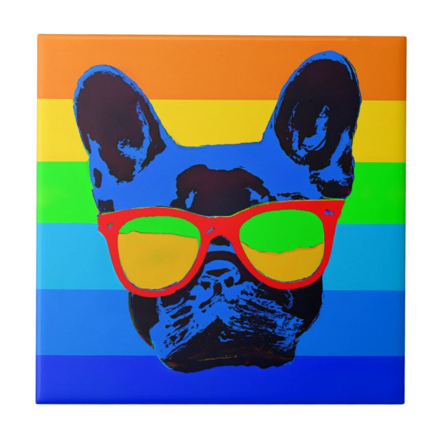Bulldogge mit Brillengläsern Pop Art Fliese (Vorderseite)