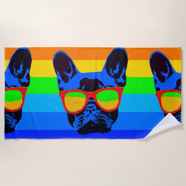 Bulldogge mit Brillengläsern Pop Art Strandtuch (Vorderseite)
