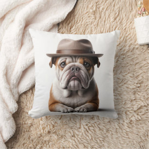 Bulldogge mit einem Fedora Kissen