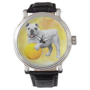 Bulldogge Playing mit Ball Wasserfarbe Art Malerei Armbanduhr
