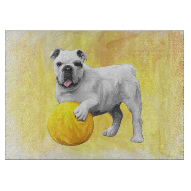 Bulldogge Playing mit Ball Wasserfarbe Art Malerei Schneidebrett (Vorderseite)