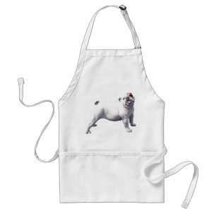 Bulldogge steht stolz schürze