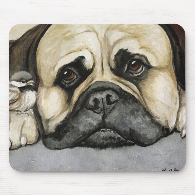 "Bulldogge-und Vogelbaby-" Mausunterlage Mousepad (Vorne)