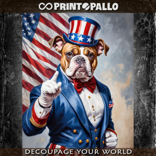 Bulldogge verkleidet wie Onkel Sam mit USA-Flagge Seidenpapier