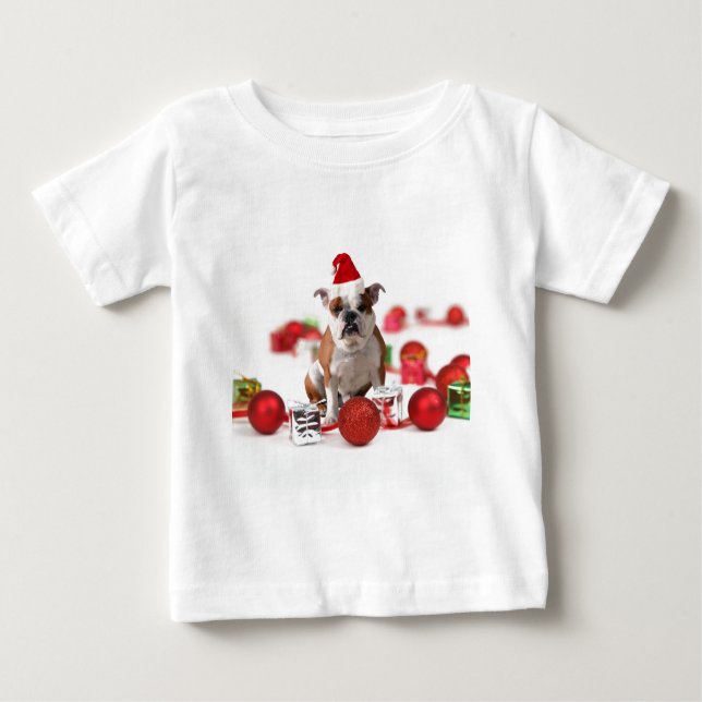 Bulldogge Weihnachtsschmuck Geschenkboxen Rote Wei Baby T-shirt (Vorderseite)